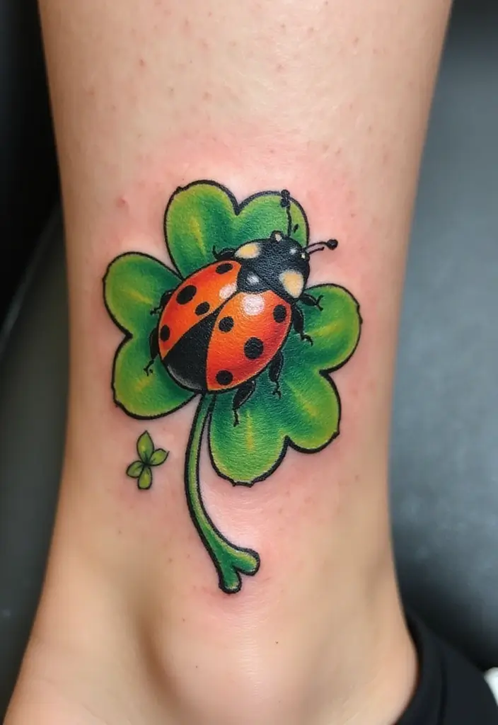 30 Ladybug Tattoo Ideas with Cute and Symbolic Designs 7 30 Ladybug Tattoo Ideas with Cute and Symbolic Designs - 7. Ladybug with a Lucky Clover