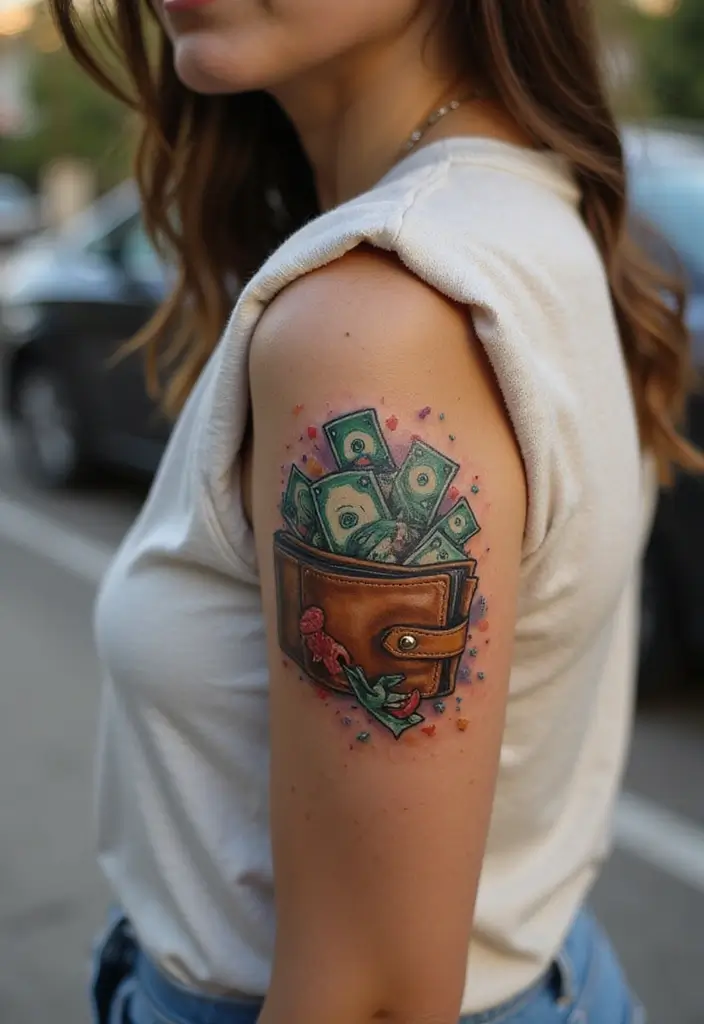 30 Money Tattoo Designs with Symbolism and Creative Styles - 7. Wallet and Cash