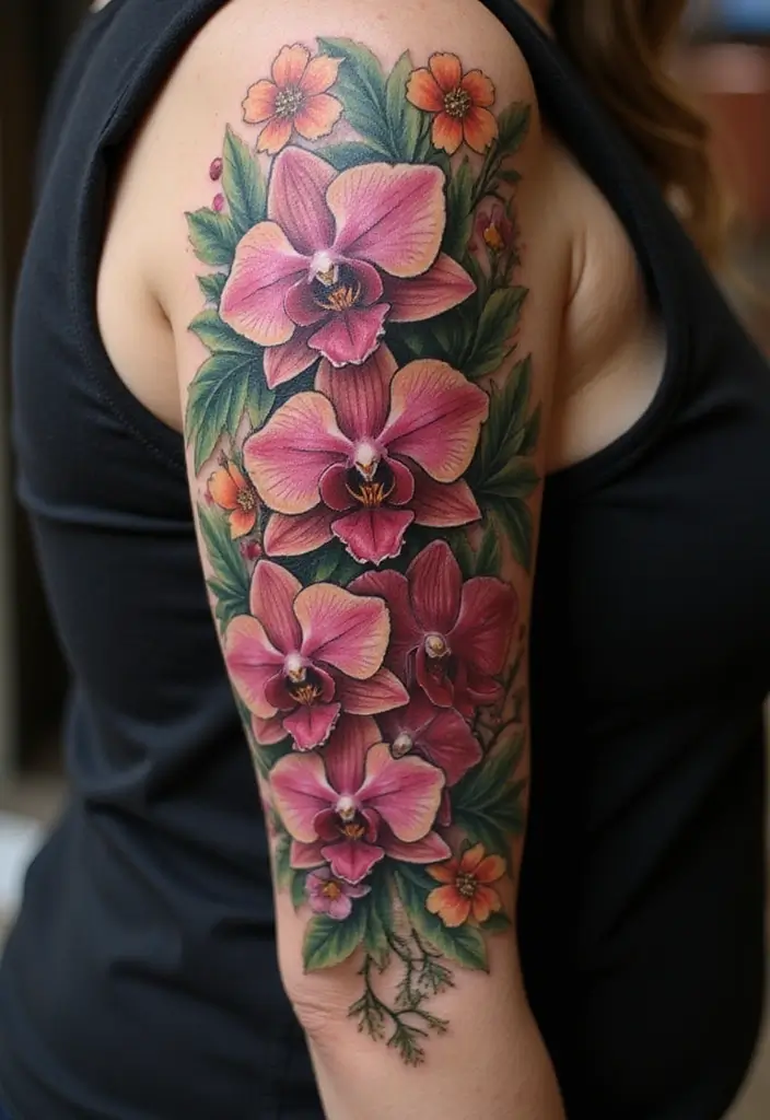 30 Orchid Tattoos That Represent Elegance and Beauty - 7. Orchid Sleeve Tattoo