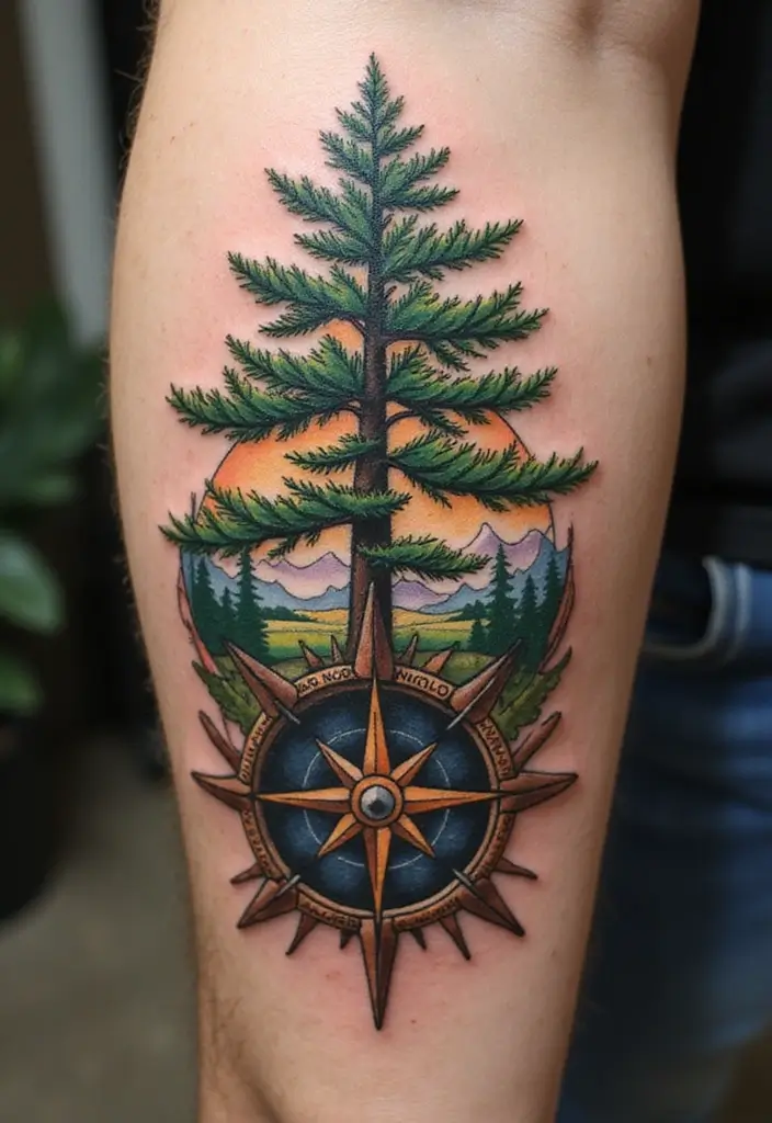 30 Pine Tree Tattoo Ideas with Nature-Inspired Symbolism - 7. Pine Tree Compass Tattoo