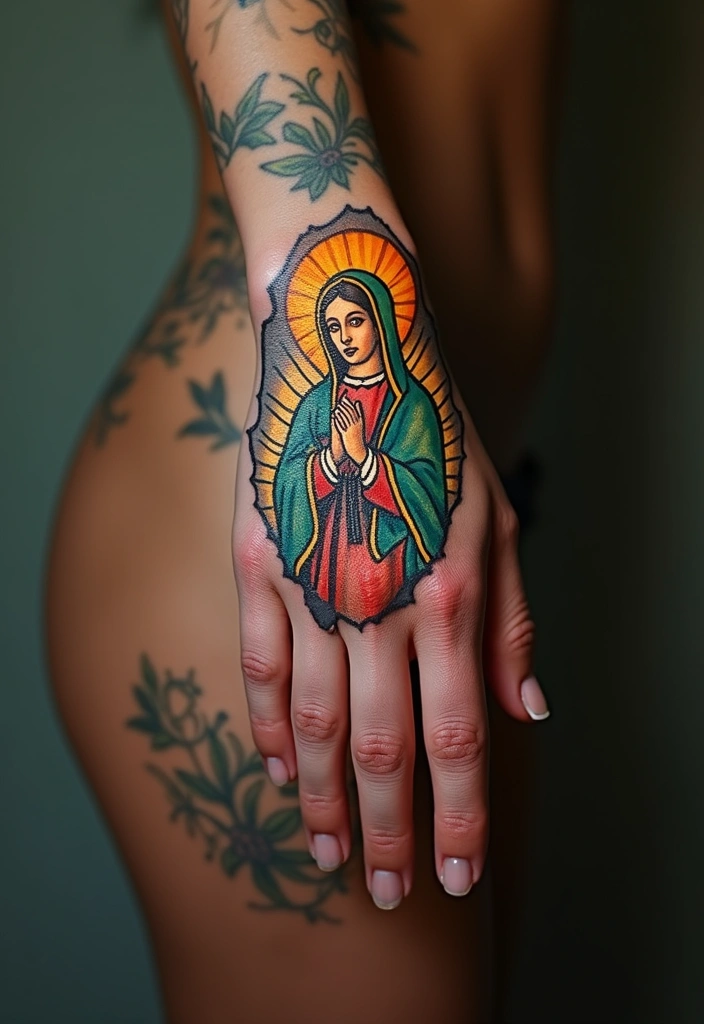 50 Virgin Mary Hand Tattoos with Spiritual and Artistic Designs - 7. Virgin Mary in Stained Glass Style