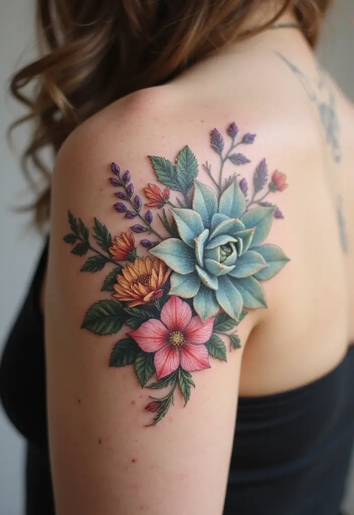 50 Wildflower Tattoo Ideas with Simple and Beautiful Designs 7 50 Wildflower Tattoo Ideas with Simple and Beautiful Designs - 7. Succulent and Wildflower Fusion