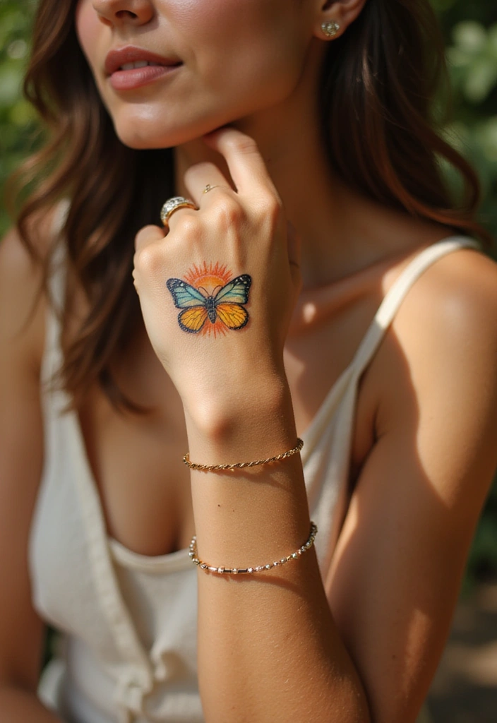 50 Beautiful Butterfly Hand Tattoos for Women: Creative Designs to Inspire Your Next Body Art 29 50 Beautiful Butterfly Hand Tattoos for Women: Creative Designs to Inspire Your Next Body Art - 29. Butterfly with a Sun