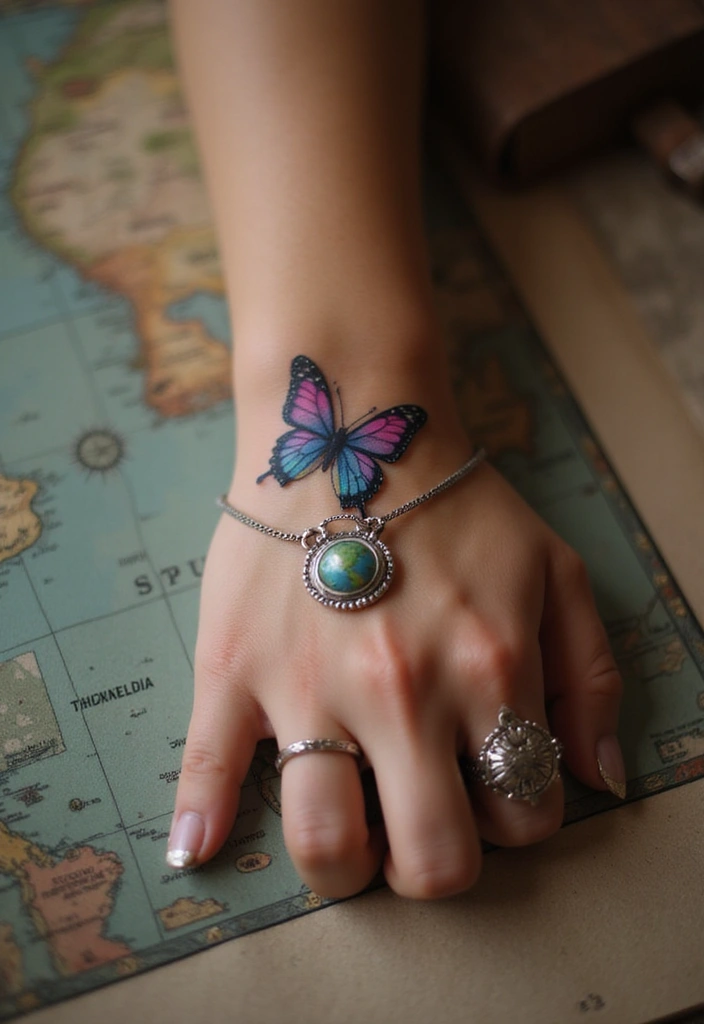 50 Beautiful Butterfly Hand Tattoos for Women: Creative Designs to Inspire Your Next Body Art 36 50 Beautiful Butterfly Hand Tattoos for Women: Creative Designs to Inspire Your Next Body Art - 36. Butterfly with a Globe