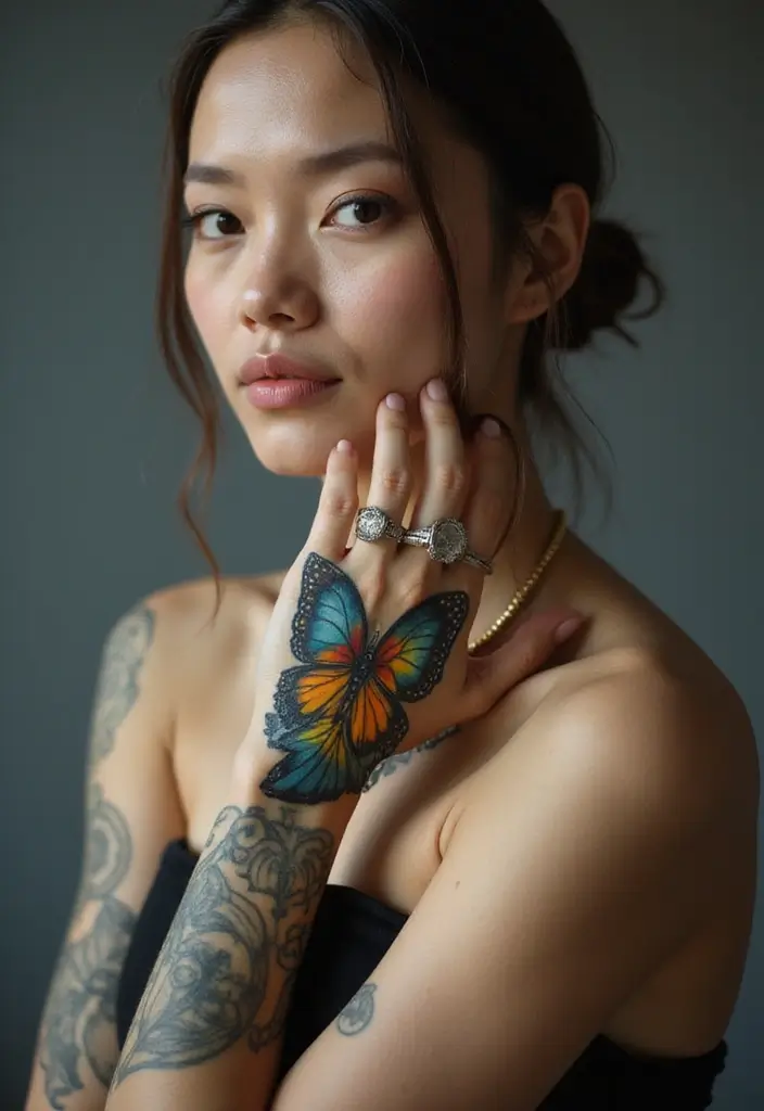 50 Beautiful Butterfly Hand Tattoos for Women: Creative Designs to Inspire Your Next Body Art 37 50 Beautiful Butterfly Hand Tattoos for Women: Creative Designs to Inspire Your Next Body Art - 37. Butterfly with a Shield