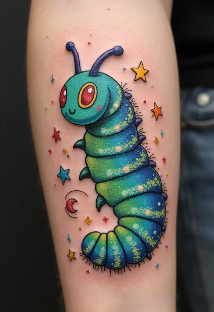 50 Bug Pin Tattoo Designs That Are Unique and Creative - 8. Cosmic Caterpillar