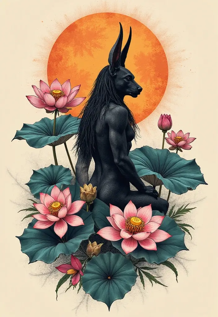 30 Anubis Tattoo Designs with Ancient Egyptian Symbolism 8 30 Anubis Tattoo Designs with Ancient Egyptian Symbolism - 8. Anubis with Lotus Flowers