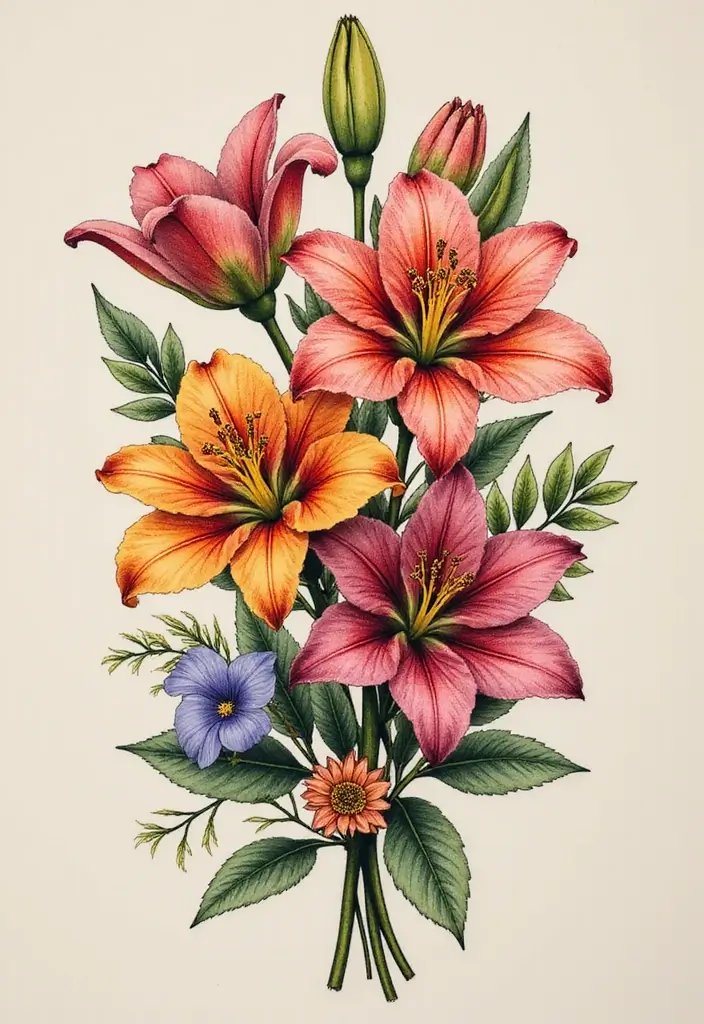 50 Stargazer Lily Tattoos with Elegant and Symbolic Designs 8 50 Stargazer Lily Tattoos with Elegant and Symbolic Designs - 8. Bouquet of Blooms