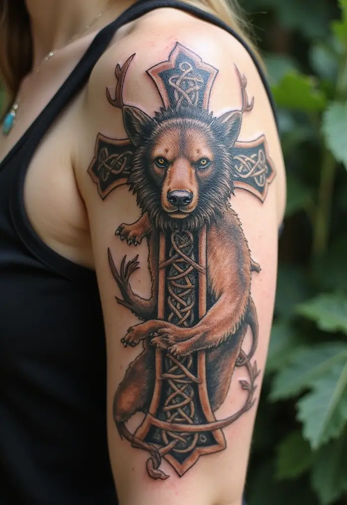 30 Celtic Cross Tattoos for Men and Women with Spiritual Value 8 30 Celtic Cross Tattoos for Men and Women with Spiritual Value - 8. Celtic Cross with Animals