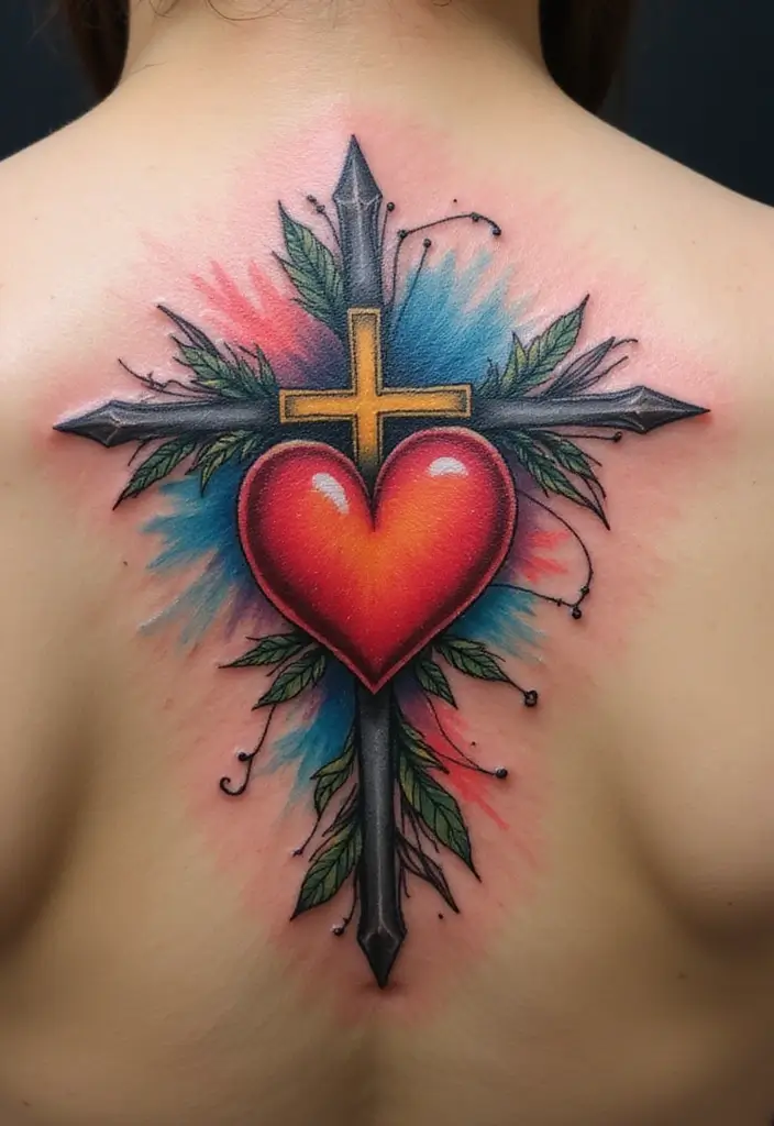 50 Christian Back Tattoos with Meaningful and Powerful Designs - 8. The Heart and Cross