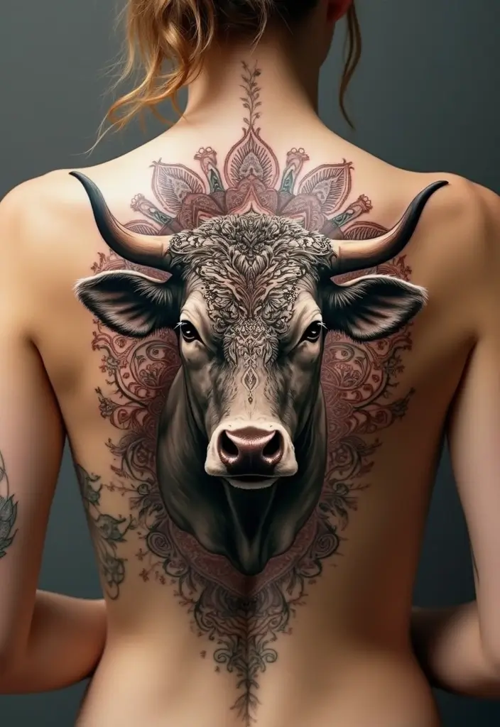 50 Cow Tattoo Designs with Fun and Unique Symbolism - 8. Cow with Mandala Design
