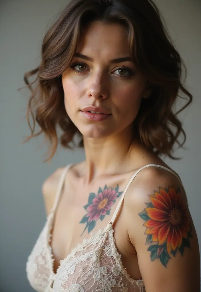 30 Flower Nipple Tattoo Ideas with Creative and Bold Designs - 8. Colorful Dahlia Patterns