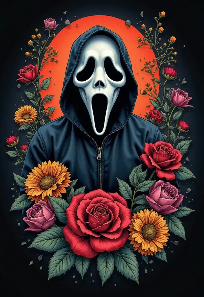 30 Ghostface Tattoo Ideas for Horror Fans - 8. Ghostface in a Floral Frame