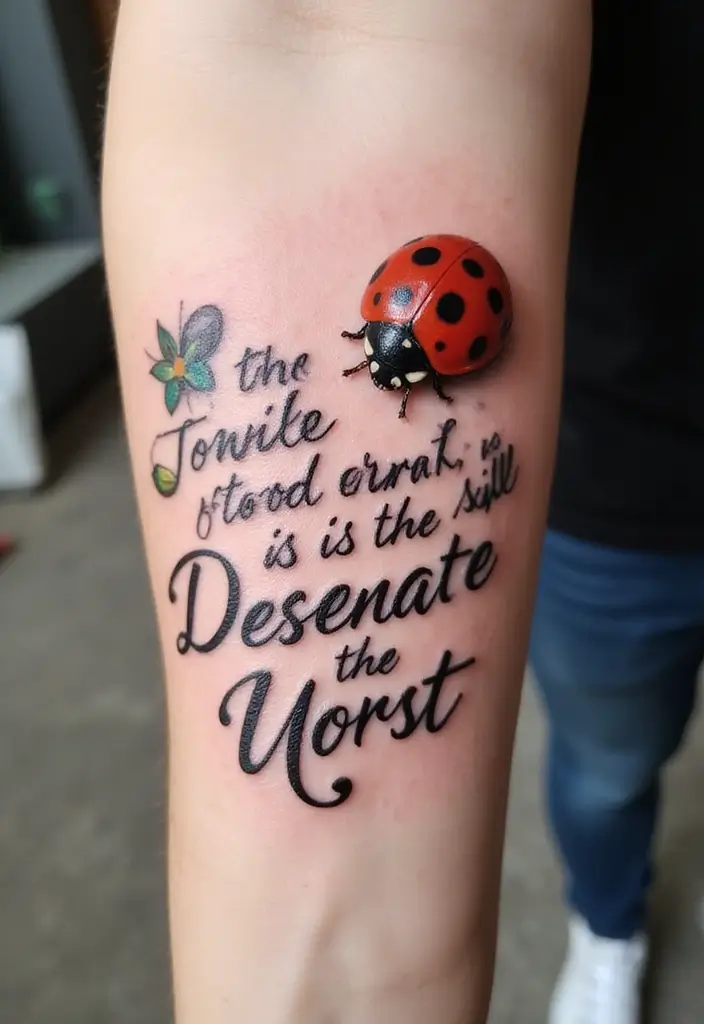 30 Ladybug Tattoo Ideas with Cute and Symbolic Designs 8 30 Ladybug Tattoo Ideas with Cute and Symbolic Designs - 8. Ladybug with a Quote