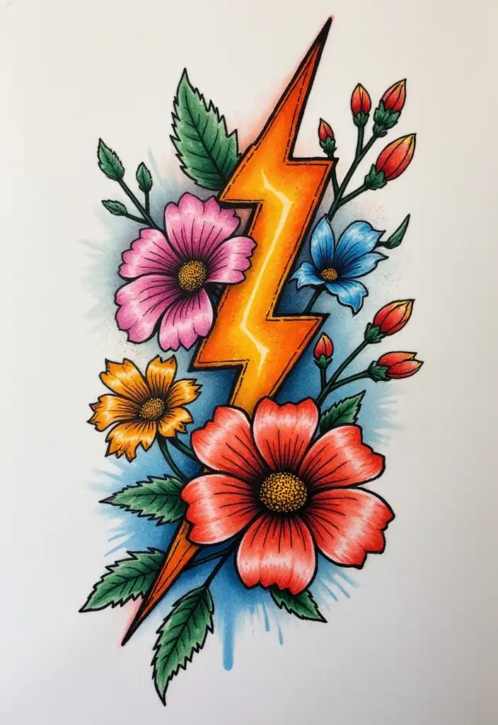 50 Lightning Bolt Tattoos with Bold and Striking Designs 8 50 Lightning Bolt Tattoos with Bold and Striking Designs - 8. Lightning Bolt with Flowers