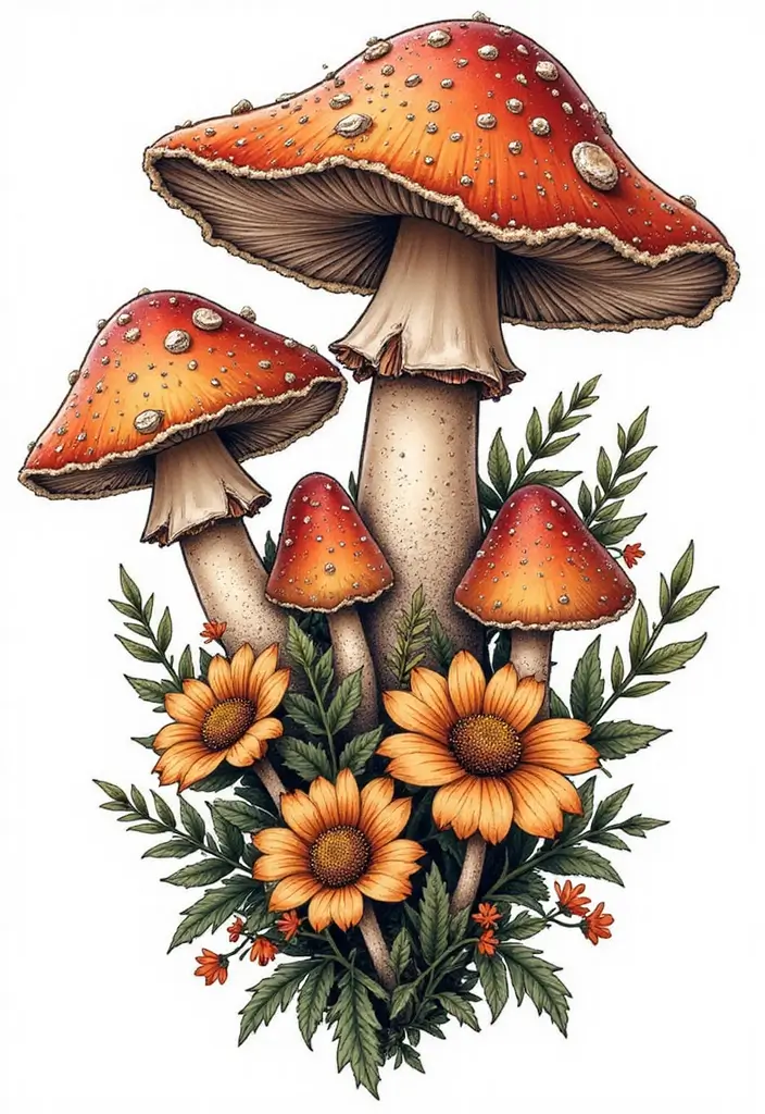 50 Unique Mushroom Tattoo Ideas That'll Leave You Inspired and Curious About Their Symbolism! 8 50 Unique Mushroom Tattoo Ideas That'll Leave You Inspired and Curious About Their Symbolism! - 8. Mushroom and Nature Combination