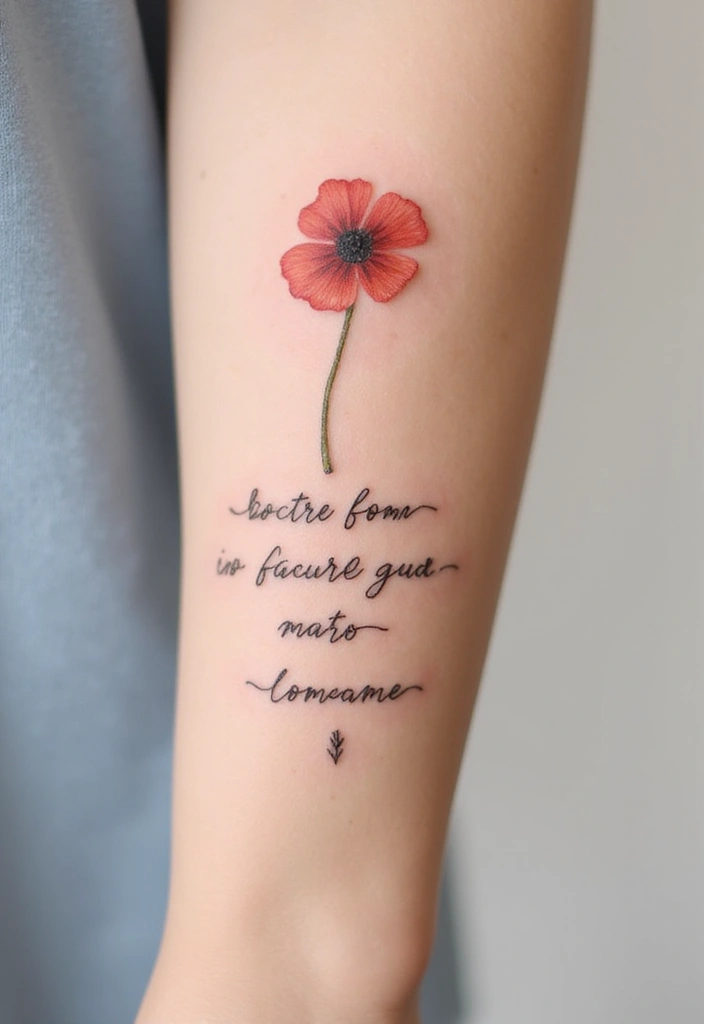 30 Poppy Tattoo Ideas with Symbolic Meanings 8 30 Poppy Tattoo Ideas with Symbolic Meanings - 8. Minimalist Poppy with Quote