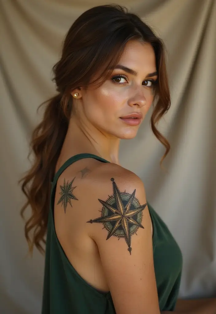 30 Shoulder Star Tattoos with Creative and Stylish Designs 8 30 Shoulder Star Tattoos with Creative and Stylish Designs - 8. Vintage Star Compass