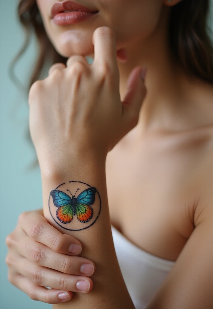 50 Beautiful Butterfly Hand Tattoos for Women: Creative Designs to Inspire Your Next Body Art 40 50 Beautiful Butterfly Hand Tattoos for Women: Creative Designs to Inspire Your Next Body Art - 40. Butterfly in a Circle