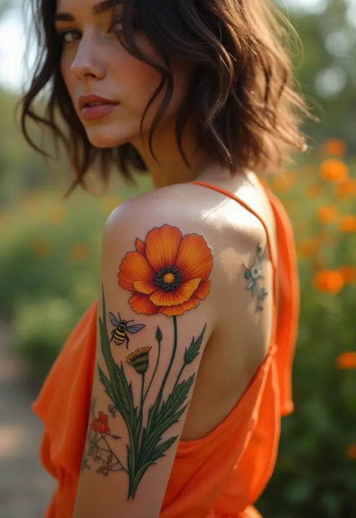 50 California Poppy Tattoo Ideas with Symbolism and Beauty - 9. California Poppy with Honey Bee