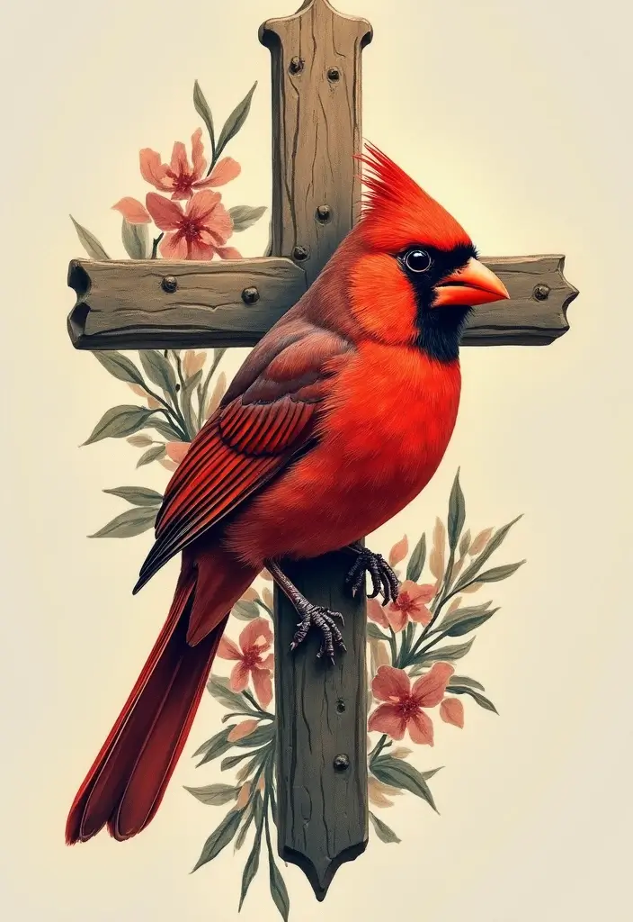 50 Cardinal Tattoo Ideas with Symbolism and Beautiful Designs - 9. Cardinal with a Cross