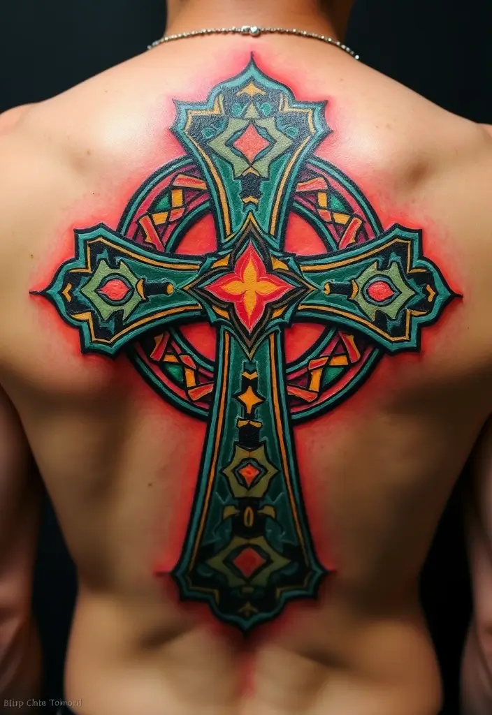 30 Celtic Cross Tattoos for Men and Women with Spiritual Value 9 30 Celtic Cross Tattoos for Men and Women with Spiritual Value - 9. Colorful Celtic Cross
