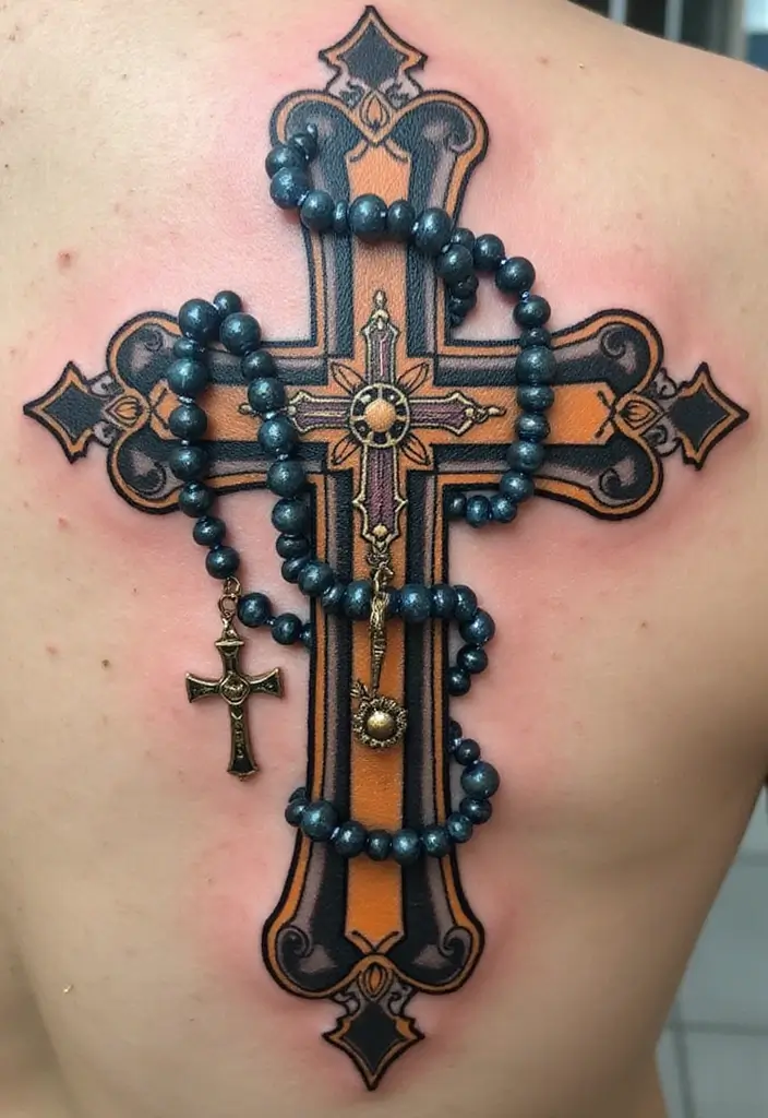 50 Cross Tattoo Meaning Inspirations and Symbolism Explained - 9. The Cross with a Rosary: Faith and Protection