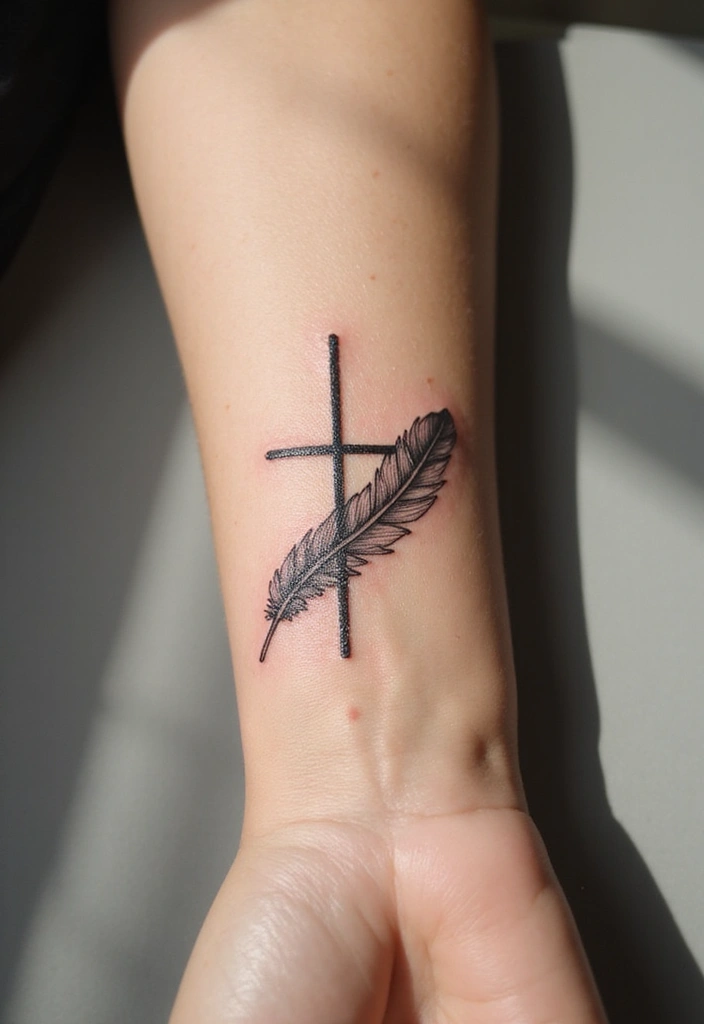 30 Cross Tattoos on Wrist with Meaningful and Elegant Designs 9 30 Cross Tattoos on Wrist with Meaningful and Elegant Designs - 9. Cross with Feather Tattoo