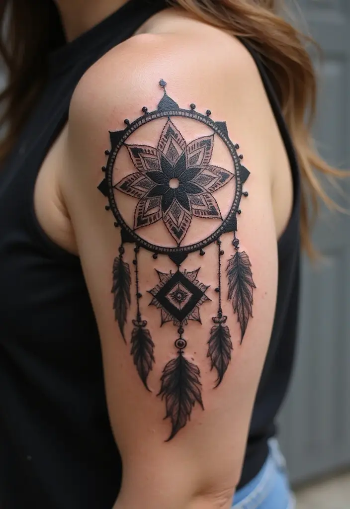 50 Dreamcatcher Tattoo Ideas with Cultural Symbolism 9 50 Dreamcatcher Tattoo Ideas with Cultural Symbolism - 9. Dreamcatcher with Mandala Elements