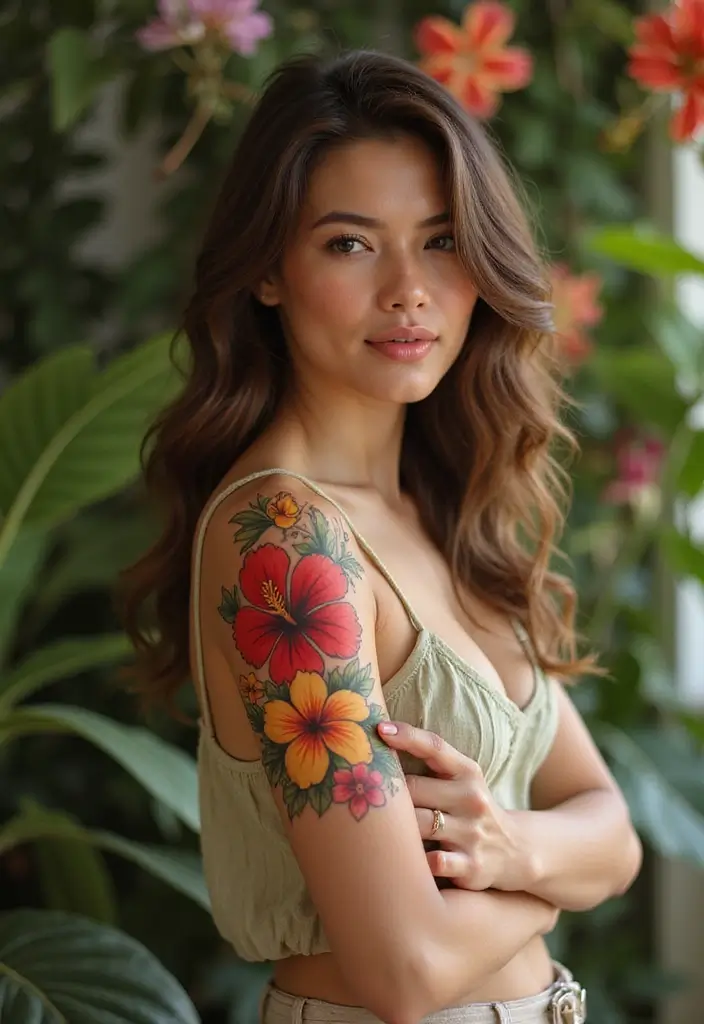 30 Flower Nipple Tattoo Ideas with Creative and Bold Designs - 9. Playful Hibiscus Flowers