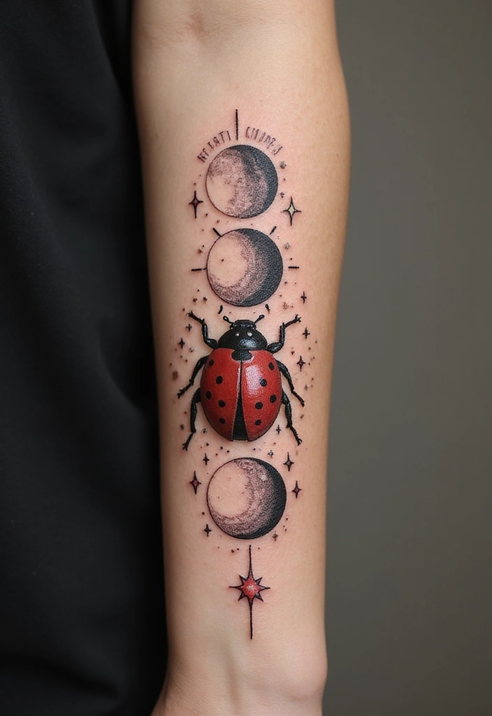 30 Ladybug Tattoo Ideas with Cute and Symbolic Designs 9 30 Ladybug Tattoo Ideas with Cute and Symbolic Designs - 9. Ladybug and Moon Phase