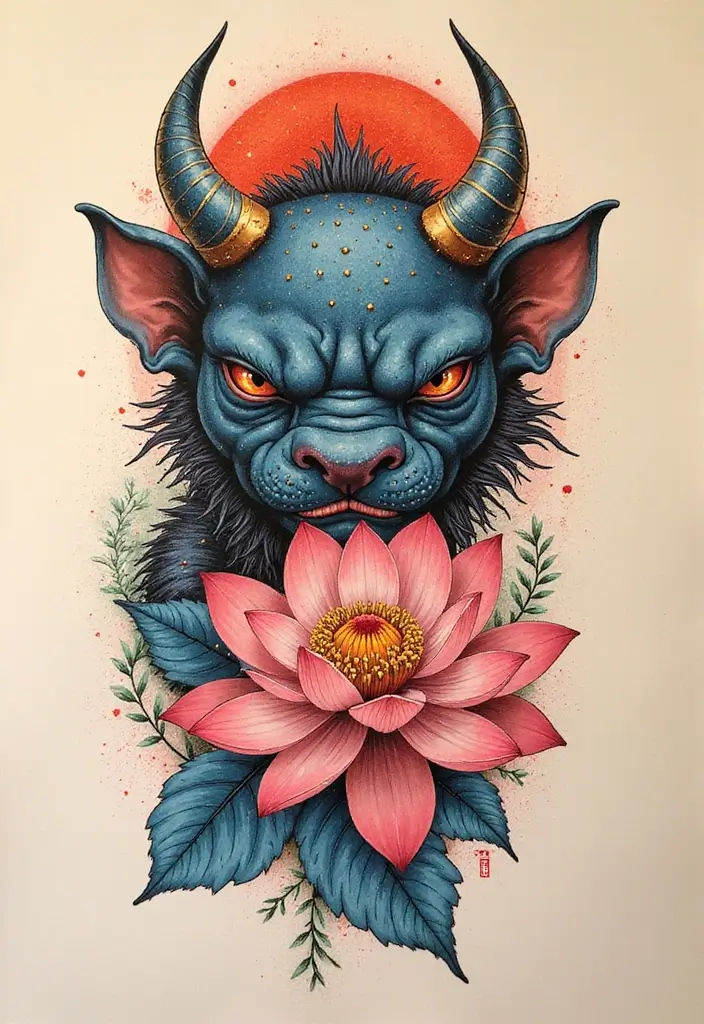 50 Oni Tattoo Designs with Powerful Japanese Symbolism 9 50 Oni Tattoo Designs with Powerful Japanese Symbolism - 9. Oni with Lotus Flower