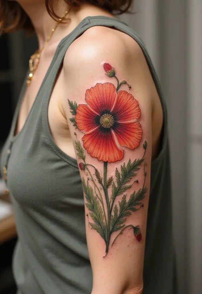 30 Poppy Tattoo Ideas with Symbolic Meanings 9 30 Poppy Tattoo Ideas with Symbolic Meanings - 9. Vintage Poppy Style