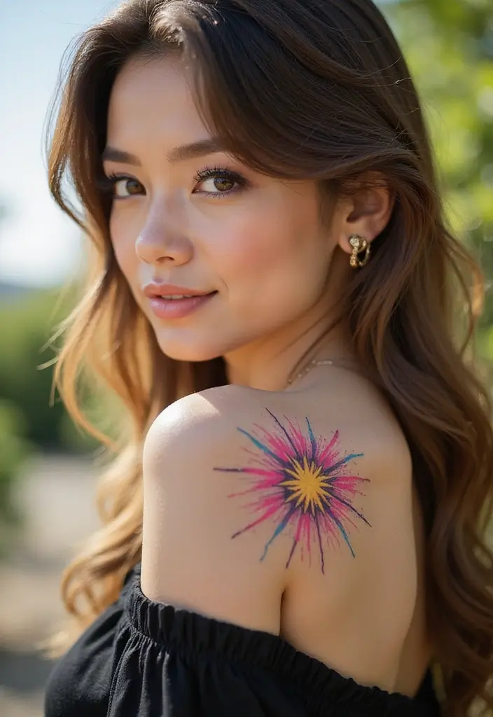 30 Shoulder Star Tattoos with Creative and Stylish Designs 9 30 Shoulder Star Tattoos with Creative and Stylish Designs - 9. Starburst Effects