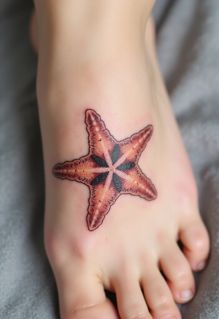 30 Simple Starfish Tattoo Ideas with Minimalist Symbolism 9 30 Simple Starfish Tattoo Ideas with Minimalist Symbolism - 9. Horizontal Starfish Across the Foot