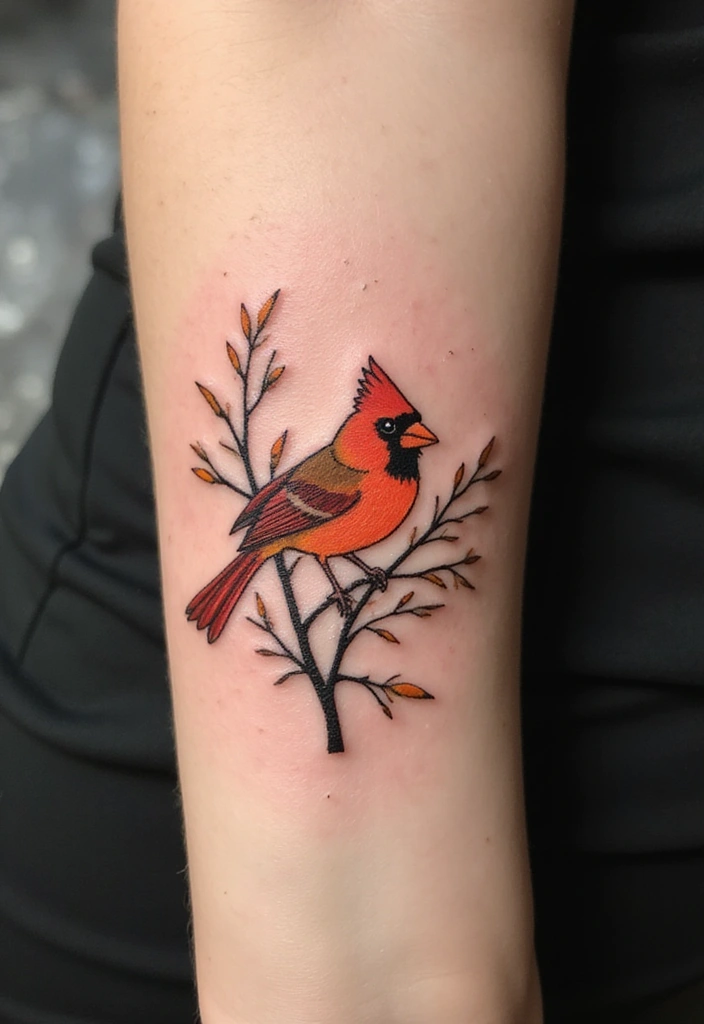 30 Small Cardinal Tattoos for Unique Inspiration 9 30 Small Cardinal Tattoos for Unique Inspiration - 9. Cardinal Among Trees