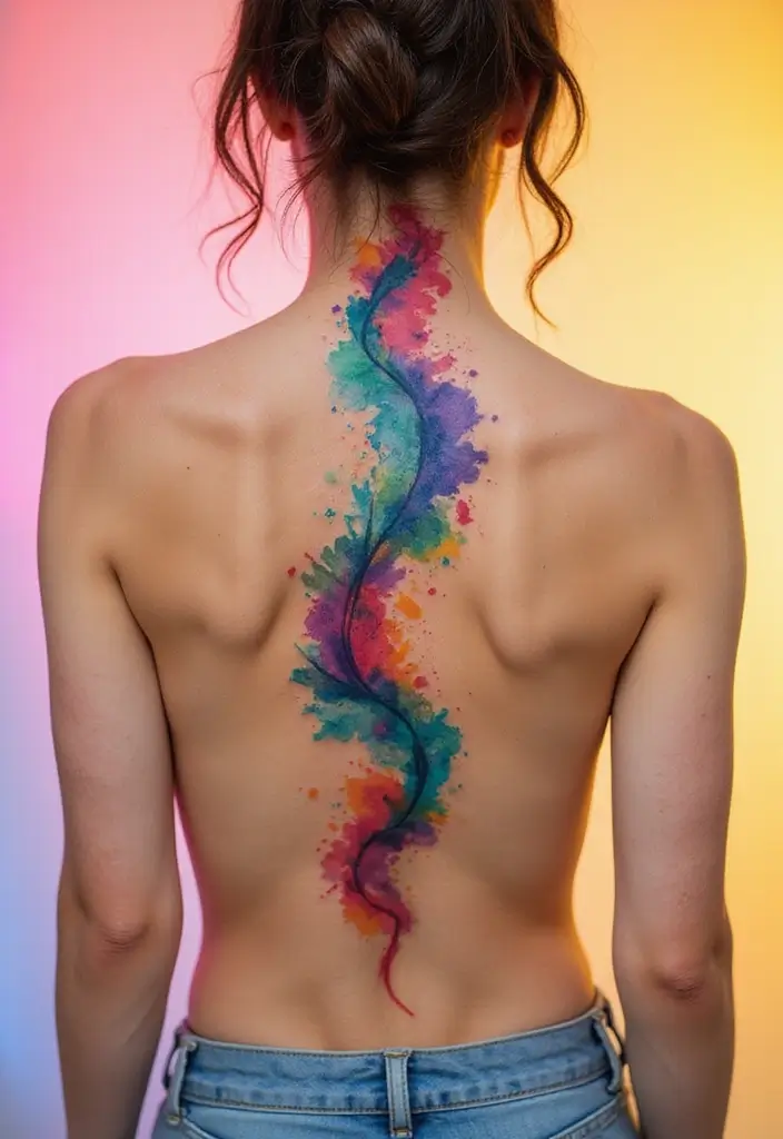 99 Stunning Spine Tattoos for Women to Inspire Your Next Ink - 9. Watercolor Wonders