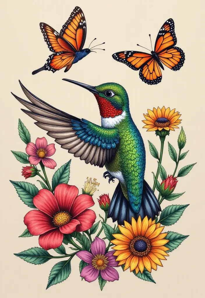 30 3D Hummingbird Tattoos That Feel Lifelike - 10. The Gathering of Nature