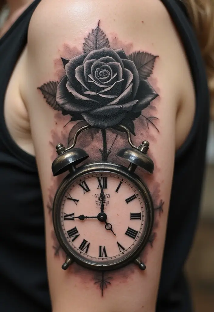 30 Black Rose Tattoo Meaning and Design Inspirations - 10. Black Rose with Clock Elements