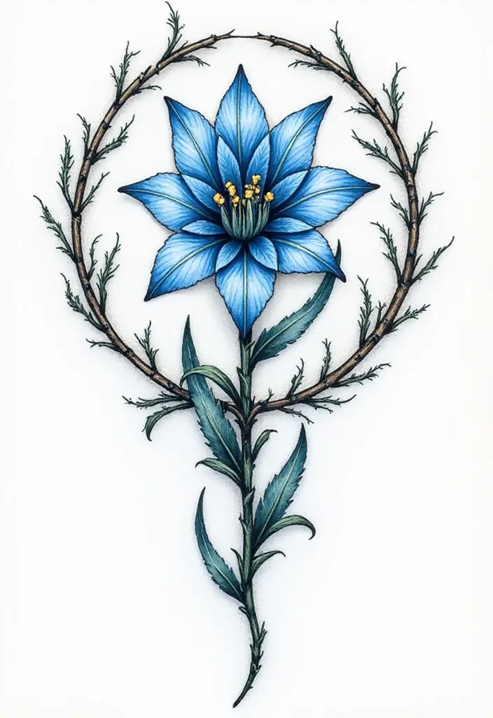 30 Blue Lily Tattoo Designs That Look Elegant - 10. Detailed Blue Lily in Circle