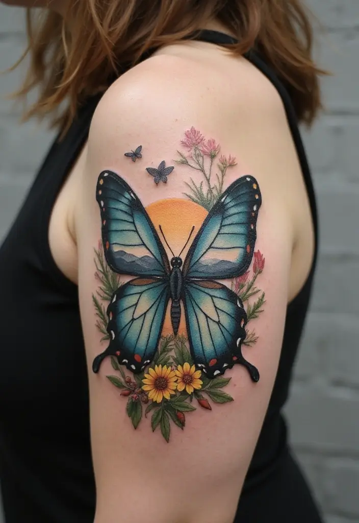 30 Butterfly Tattoos on Shoulder for Graceful Inspiration - 10. Nature's Embrace
