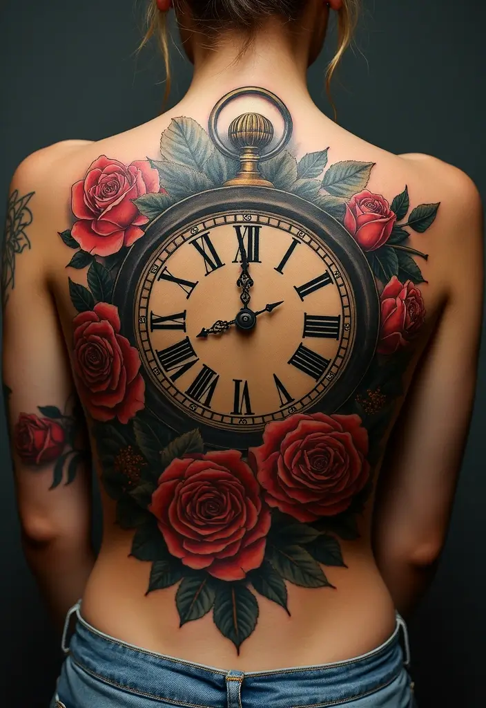 30 Clock and Rose Tattoos That Symbolize Time and Love - 10. Large Back Piece