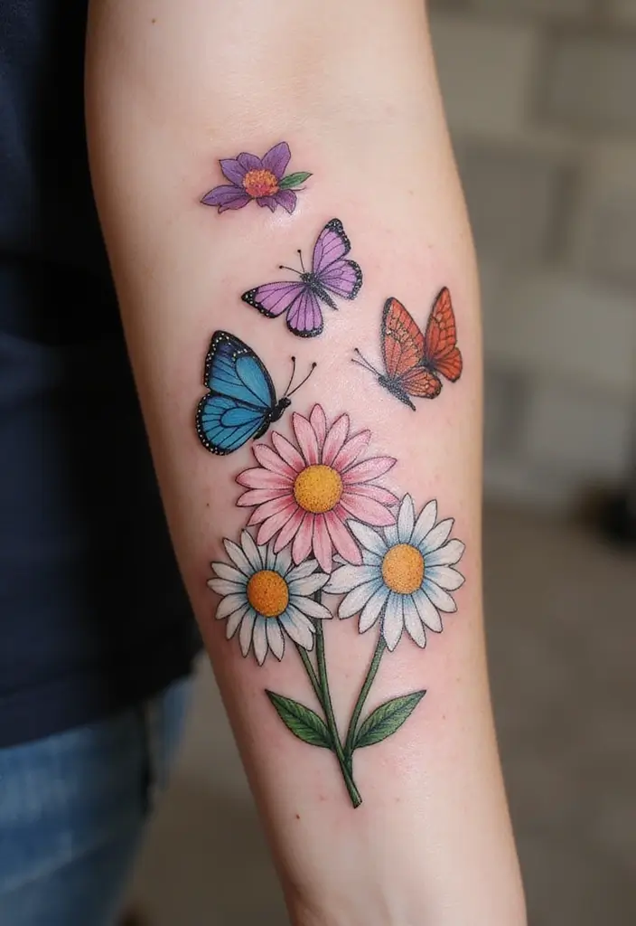 30 Colorful Daisy Tattoo Inspirations Full of Joy - 10. Daisies with Animal Companions
