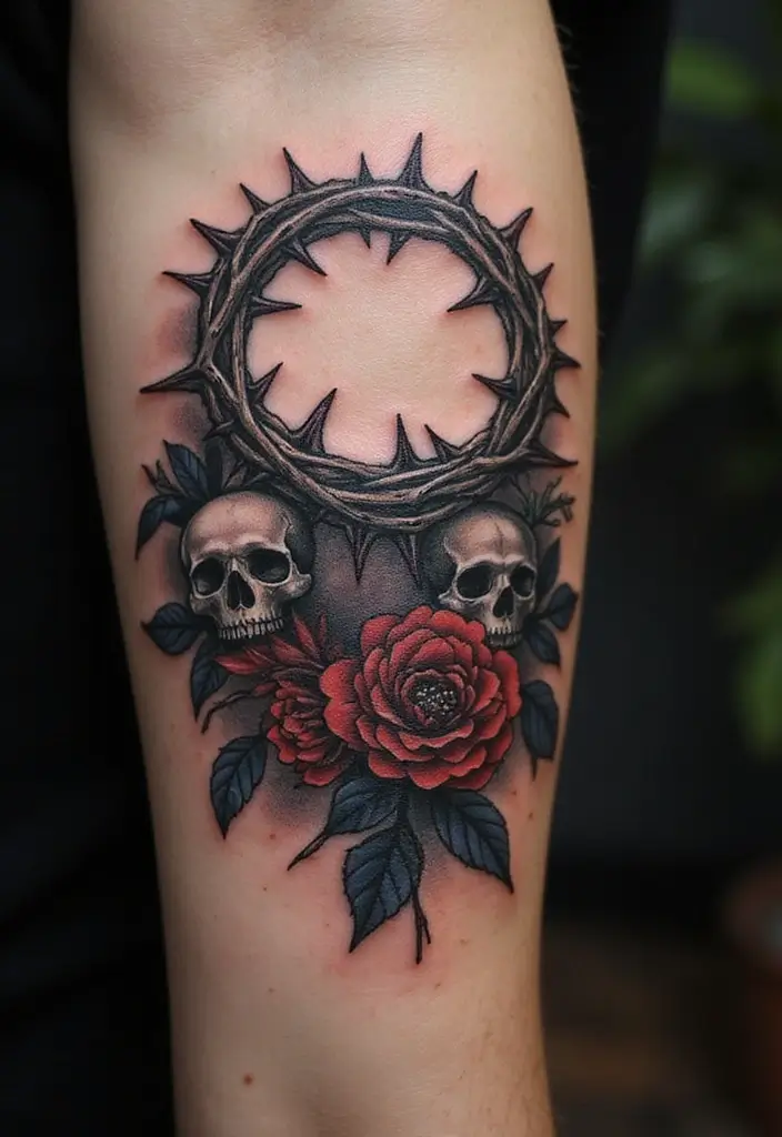30 Crown of Thorns Bicep Tattoo Inspirations You’ll Admire - 10. Gothic Aesthetic