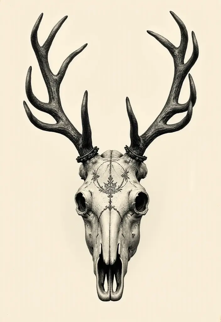 30 Deer Skull Tattoos That Capture Rustic Strength - 10. Vintage etching style