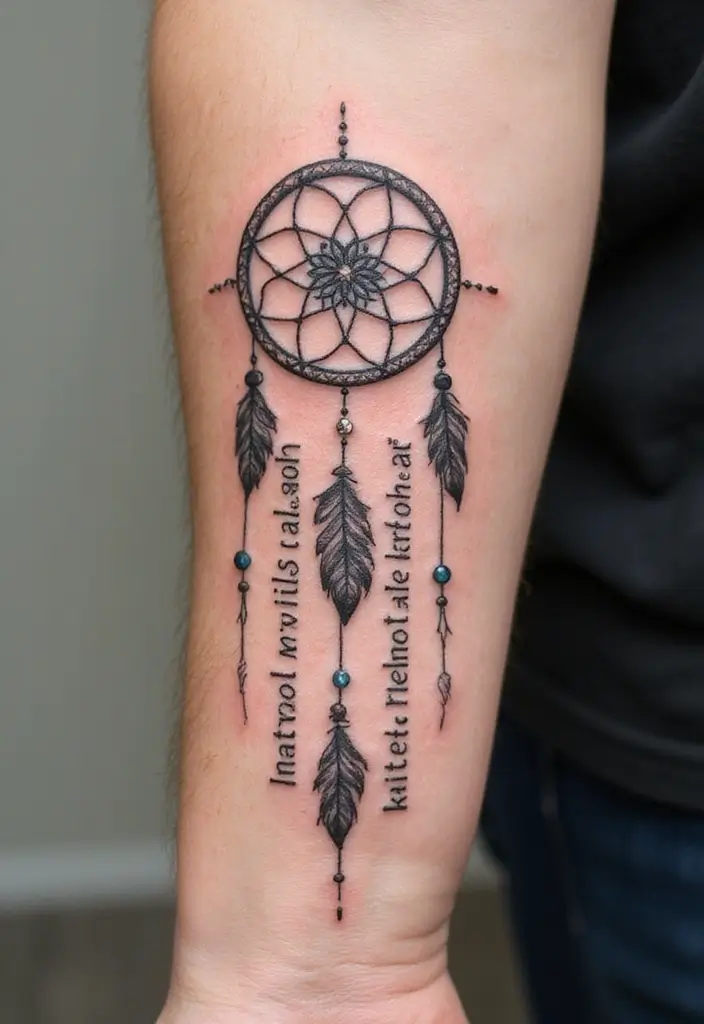 30 Dream Catcher Tattoo Ideas for Men with Protective Energy - 10. Dream Catcher with Quotes
