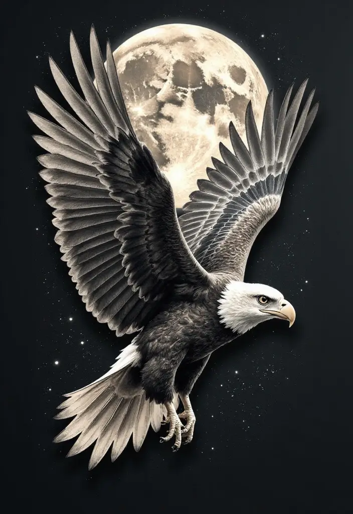 30 Eagle Tattoo Ideas That Represent Power and Courage - 10. Flying Eagle with Moon