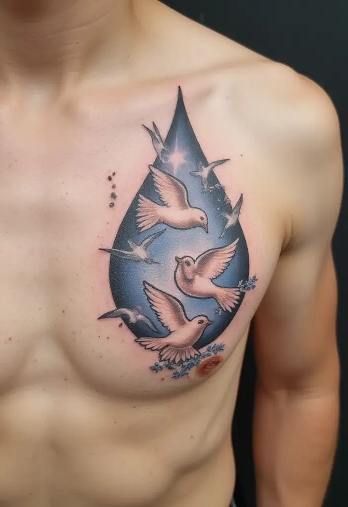 30 Empty Teardrop Tattoo Meaning and Design Ideas - 10. Teardrop with Doves