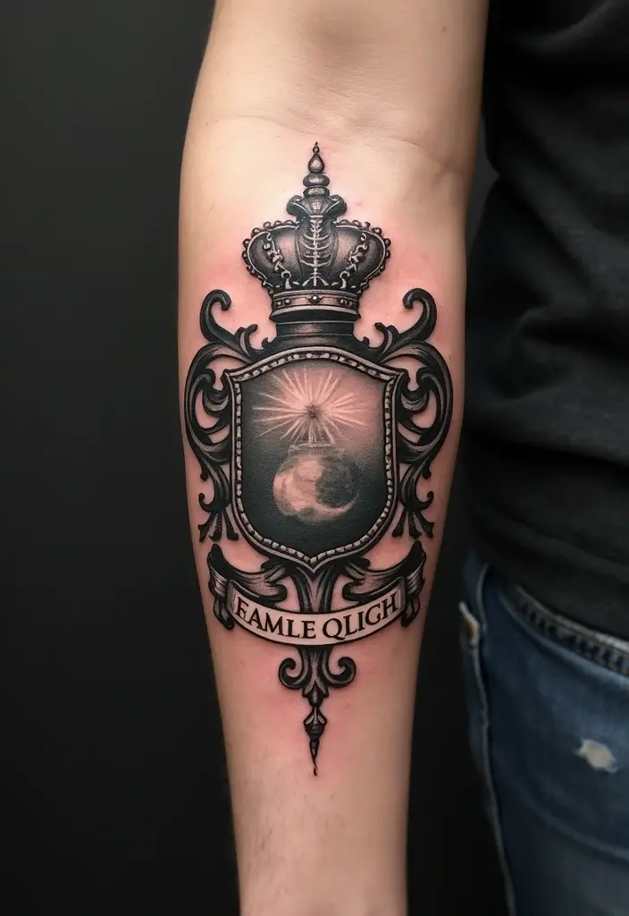 30 Family Crest Arm Tattoos That Carry Heritage - 10. Symbolic Banners in Tattoos