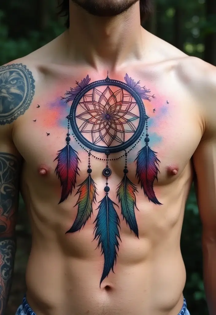 30 Full Chest Tattoos for Men with Powerful Visual Impact - 10. Dreamcatchers